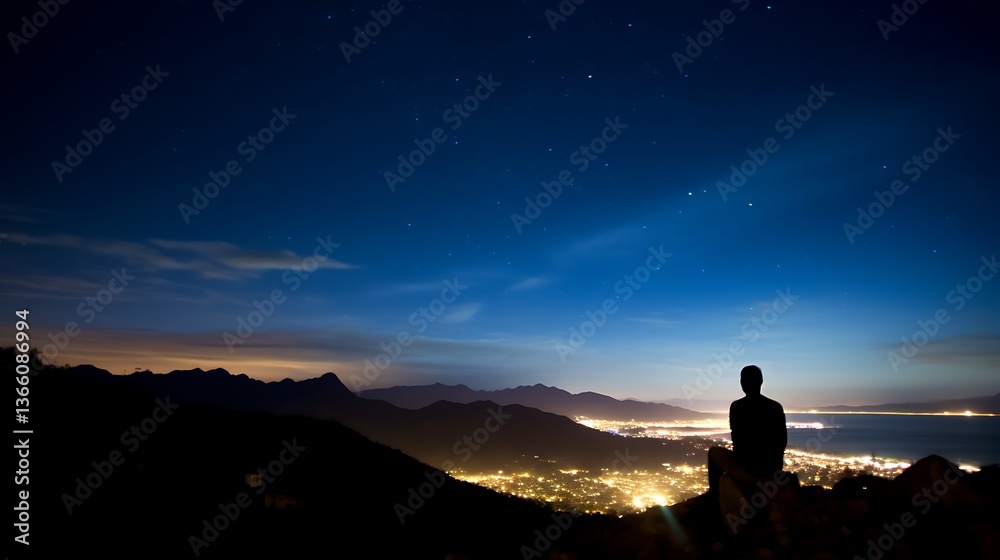 Obraz premium Silhouetted Person Gazing at Night City Lights and Stars