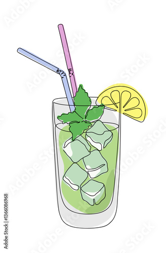 Drink Glass with slice of lime and ice cubes. Lemonade cocktail with mint and straws line art style icon. Continuous line drawing color vector illustration