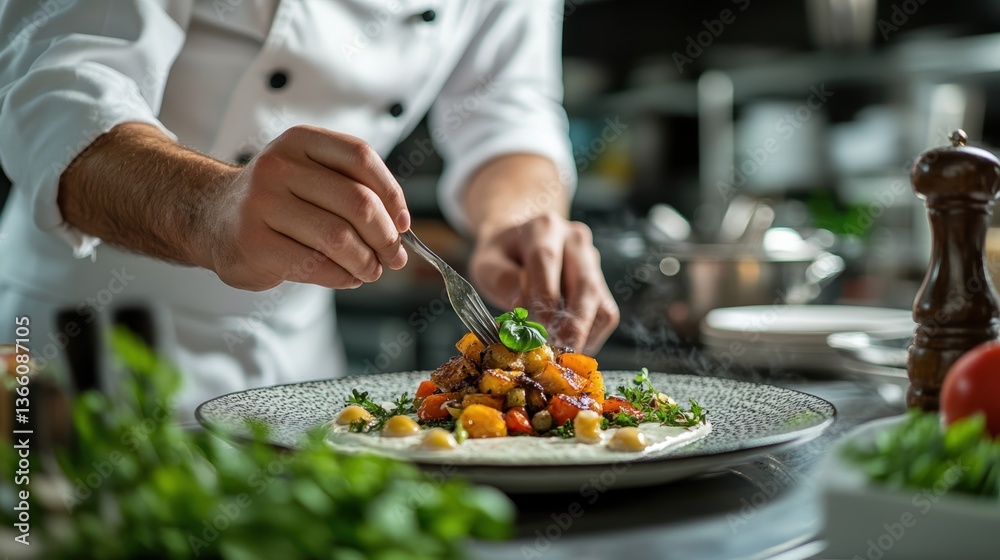 A professional chef plating a gourmet dish in a restaurant kitchen, with kitchen tools, fresh ingredients, and a modern cooking setup A professional chef plating a gourmet dish in a restaurant kitchen, with kitchen tools, fresh ingredients, and a modern cooking setup