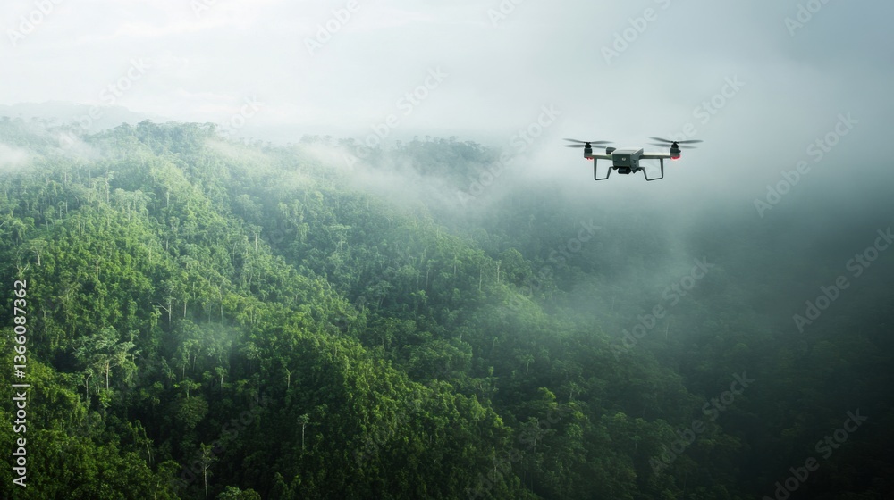 Fototapeta premium An AI powered drone monitoring endangered species in remote habitats, vast wilderness with real-time animal tracking and environmental data analysis, Conservation technology style