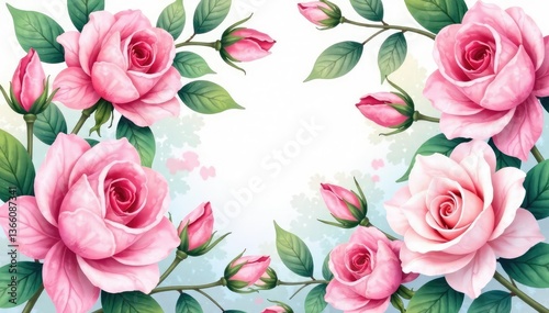 Delicate watercolor roses & leaves, blush pink hues, spring, illustration, art
