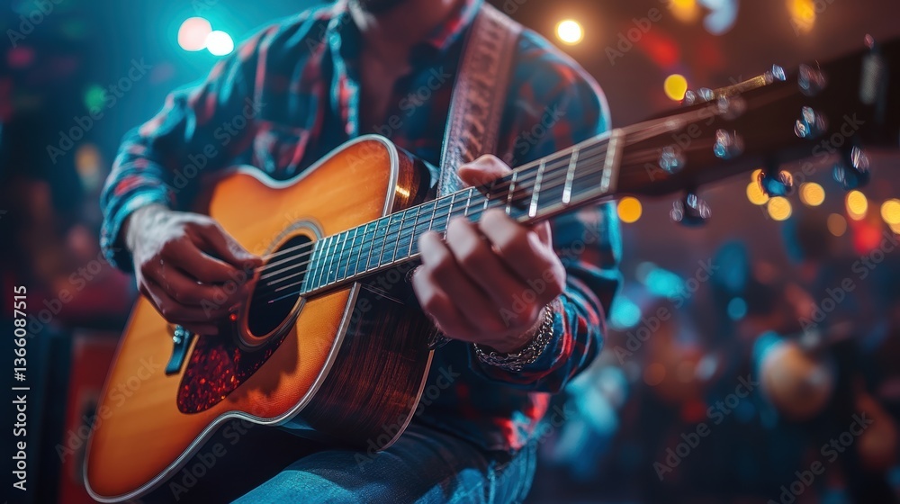 Obraz premium A musician playing an acoustic guitar on stage, with stage lights, instruments, and a live audience in the background