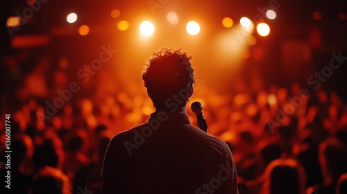 A comedian performing on stage, making the audience laugh, with a microphone, spotlight, and a crowd enjoying the performance