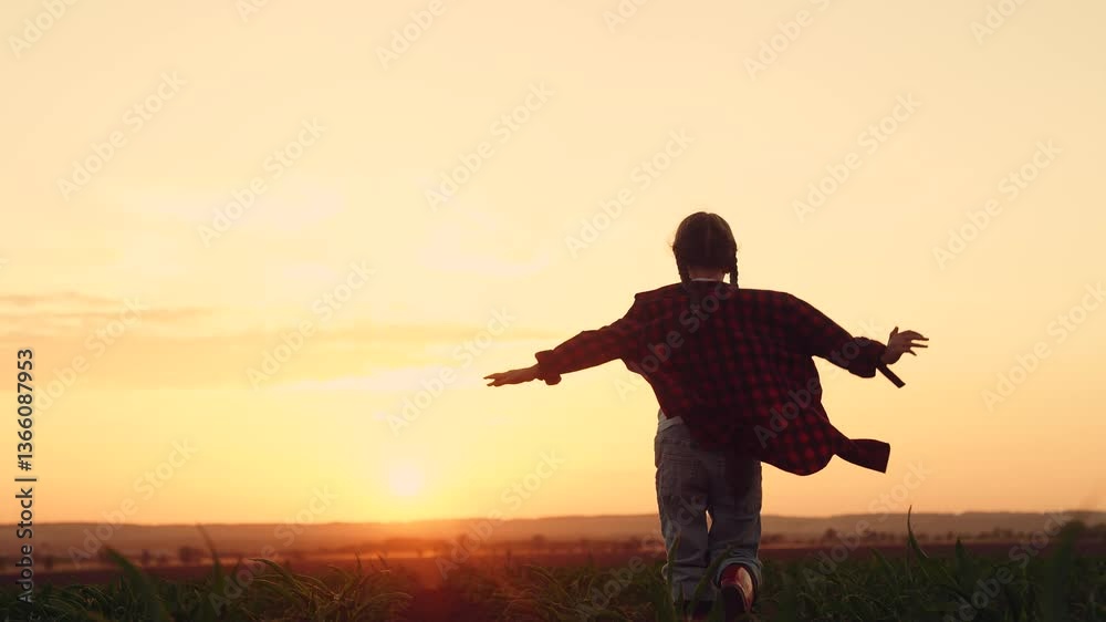 silhouette child farmer daughter runs playing field sunset, agriculture, playing airplane pilot agricultural field, little girl runs rubber boots through corn sprouts, children dream happy family