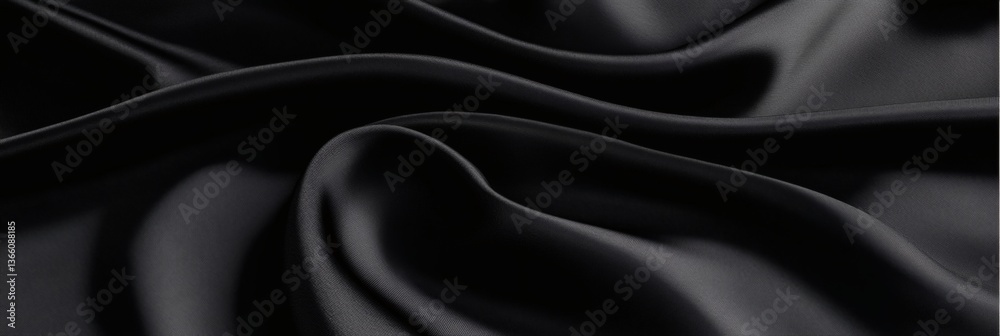 Fototapeta premium Elegant black satin fabric with soft waves, luxury texture for fashion designs