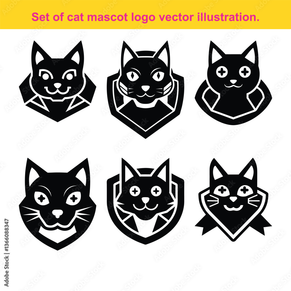 Set of black and white cat face mascot logo emblem vector illustration. Set of black and white cat face mascot logo emblem vector illustration.