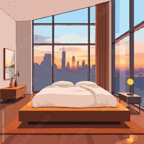 Modern Cozy Bedroom with a Cityscape View