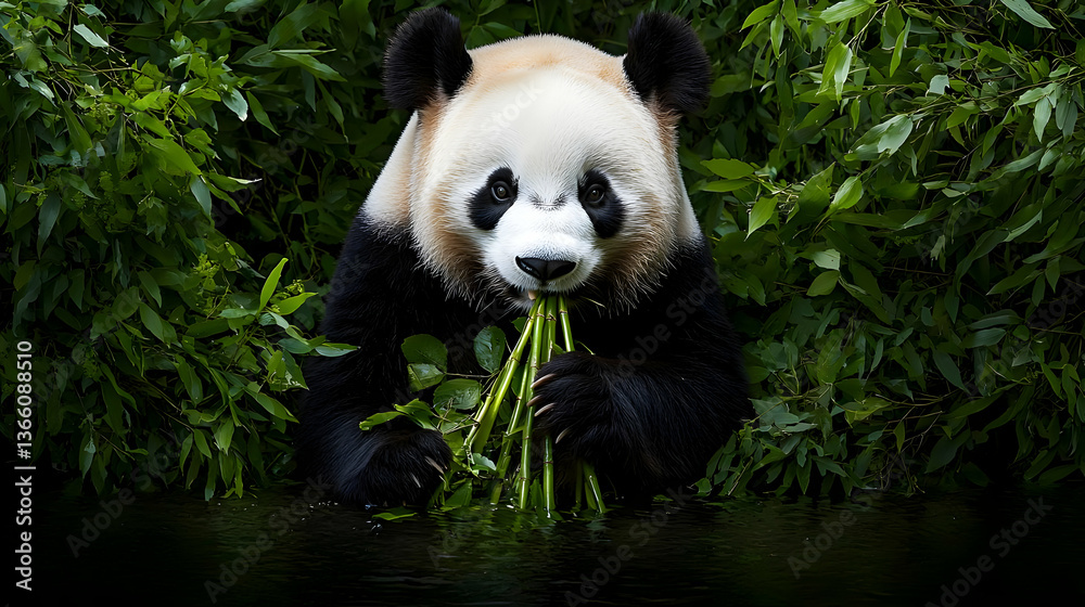 Obraz premium Panda Eating Bamboo By Water In Forest