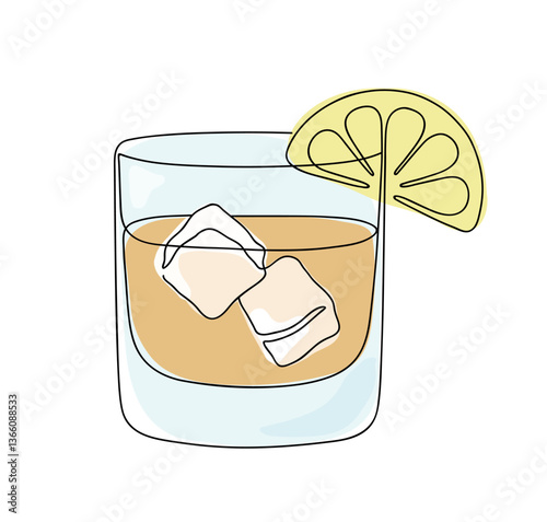 Whiskies and ice. Scotch on the rocks in a glass. Whiskey and soda. Continuous one line drawing color vector illustration