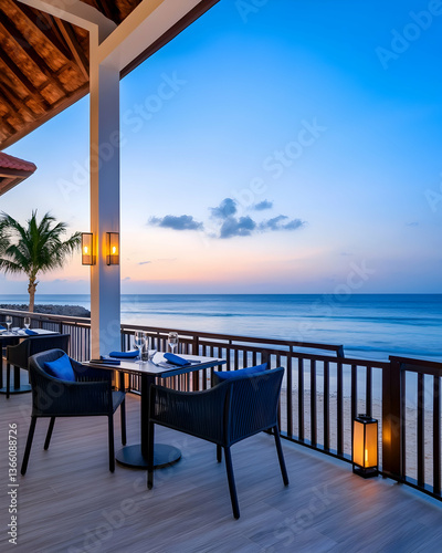 Outdoor beachfront dining at sunset