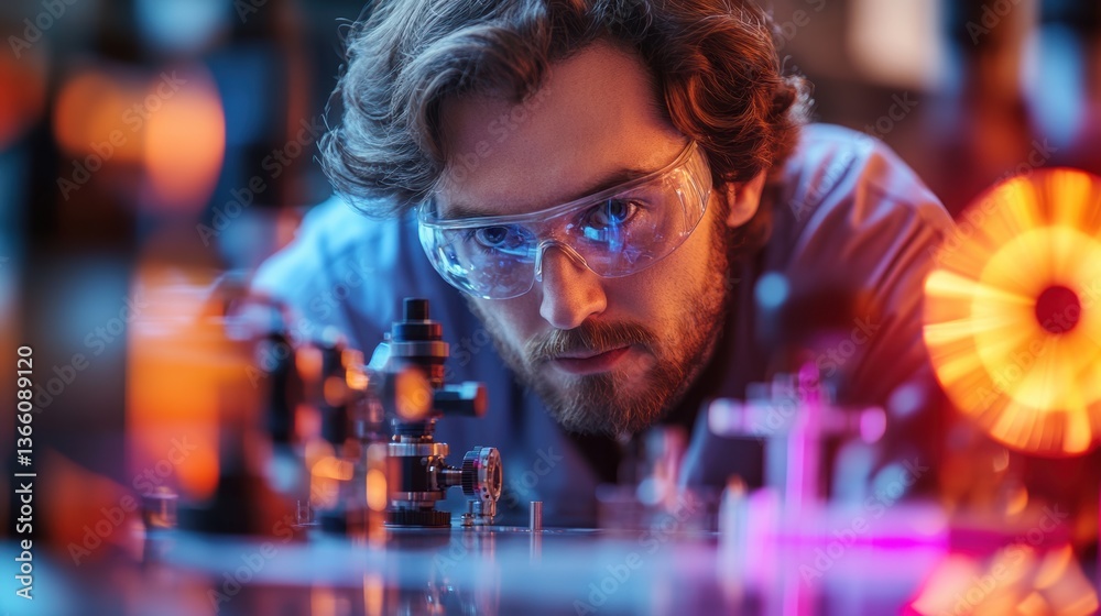 A physicist experimenting with advanced equipment in a laboratory, with lasers, monitors, and technical instruments visible in the background A physicist experimenting with advanced equipment in a laboratory, with lasers, monitors, and technical instruments visible in the background