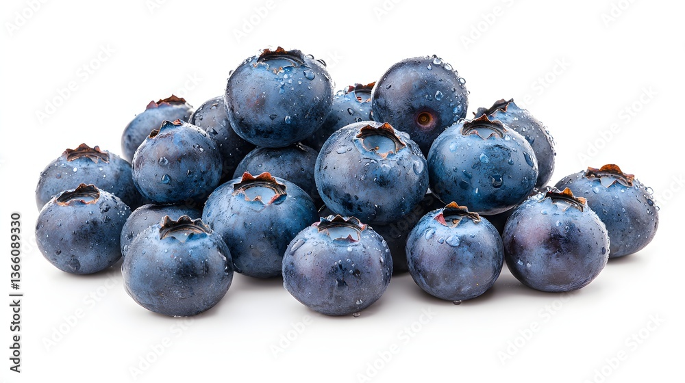 Fresh Organic Blueberries Piled Together on a White Background with Water Droplets Fresh Organic Blueberries Piled Together on a White Background with Water Droplets