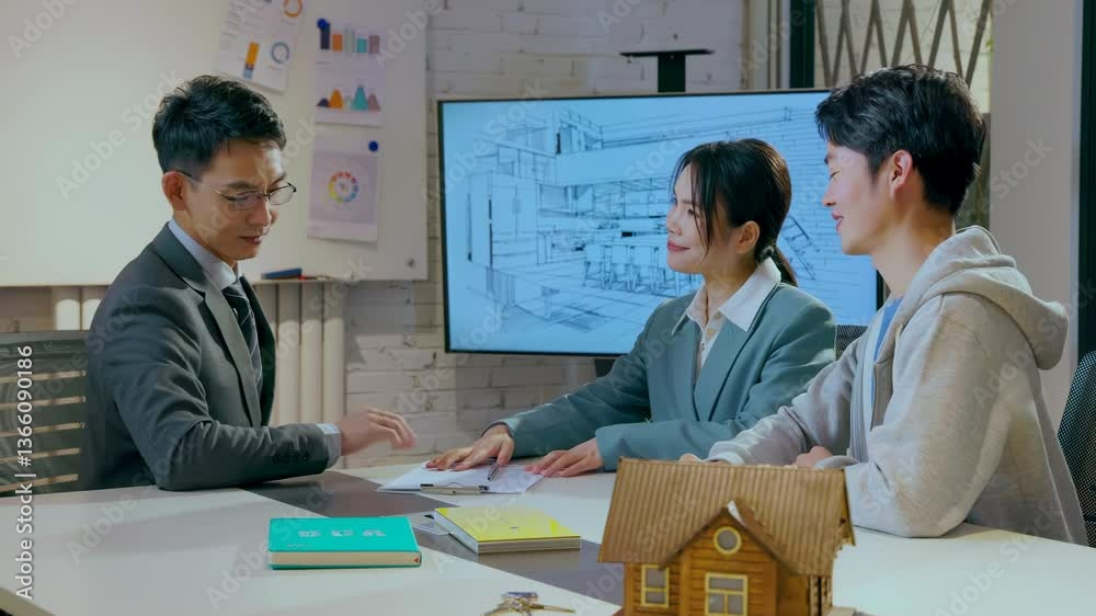 Real estate concept. Business hands selling and signing purchase contract agreement paperwork for loan financial to buying the house properties
