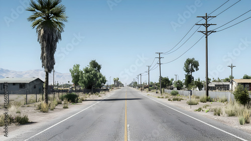 Open Road Leading To The Horizon Under A Clear Blue Sky With Palm Trees And Power Poles On Each Side