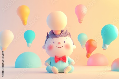 Cute 3D cartoon baby with a lightbulb on its head surrounded by colorful lightbulbs, symbolizing creativity and ideas.