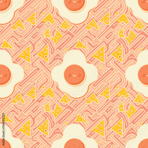 Cute seamless food pattern – fried egg, cheese, and abstract wavy shapes