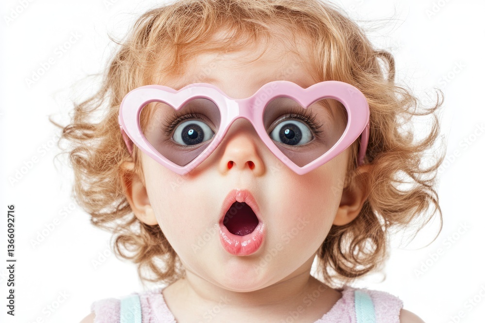 A surprised toddler with blonde curls wears pink heart-shaped glasses, mouth agape in wonder. A surprised toddler with blonde curls wears pink heart-shaped glasses, mouth agape in wonder.
