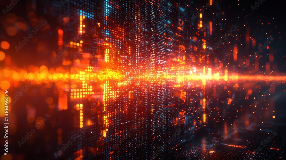 Fototapeta premium Abstract digital data flow, glowing orange and blue, technology background, website banner