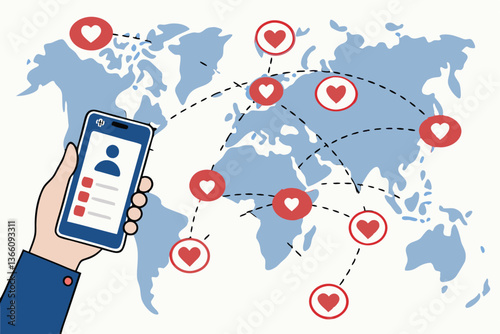 100 Social media influence, global connectivity, Facebook app on smartphone, hand holding phone, world map background, likes and hearts icons, magnetic attraction, viral content spread, blue digital i