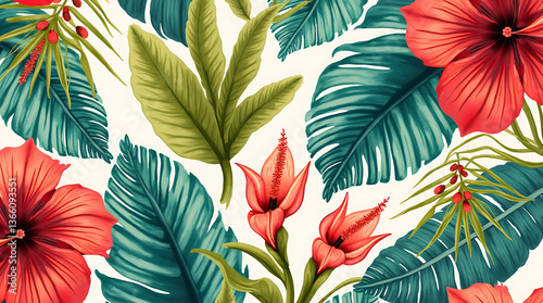 Close-Up of Textured Bark with Tropical Plant Patterns Including Palm Trees and Flowers – Copy Space  
