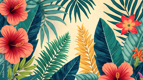 Close-Up of Textured Bark with Tropical Plant Patterns Including Palm Trees and Flowers – Copy Space  
