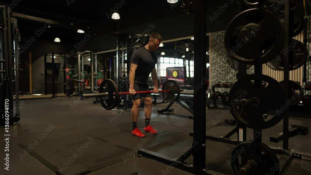A man lifts a heavy barbell in a gym, performing deadlifts with precision and strength. Workout to enhance power, endurance, and muscle growth while improving posture and core stability.