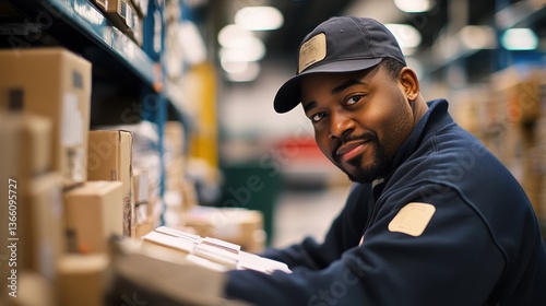 A postal worker sorting packages at a post office, with stacks of mail, sorting equipment, and a delivery truck in the background photo