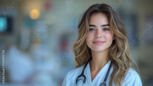 Young healthcare professional smiles confidently in a medical environment during daytime
