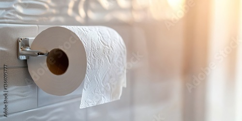 A roll of white toilet paper on a wall-mounted holder, background with blurred indoor setting, light-colored tiled wall, minimalist and clean composition