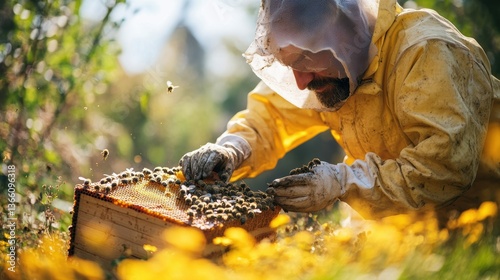 A beekeeper tending to a beehive, with protective gear, honeycomb, and bees buzzing around in a sunny garden