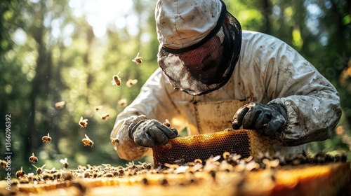 A beekeeper tending to a beehive, with protective gear, honeycomb, and bees buzzing around in a sunny garden