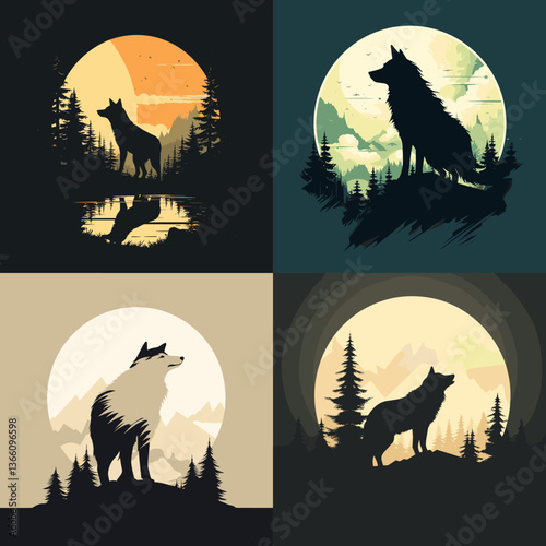 Silhouetted wolves in scenic forest landscapes under the moon and sunset. Nature-inspired wildlife art, perfect for prints, wall decor, apparel, and outdoor-themed design projects.

