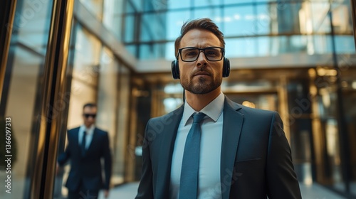 A bodyguard escorting a client through a secure building, with a headset, suit, and alert security environment visible
