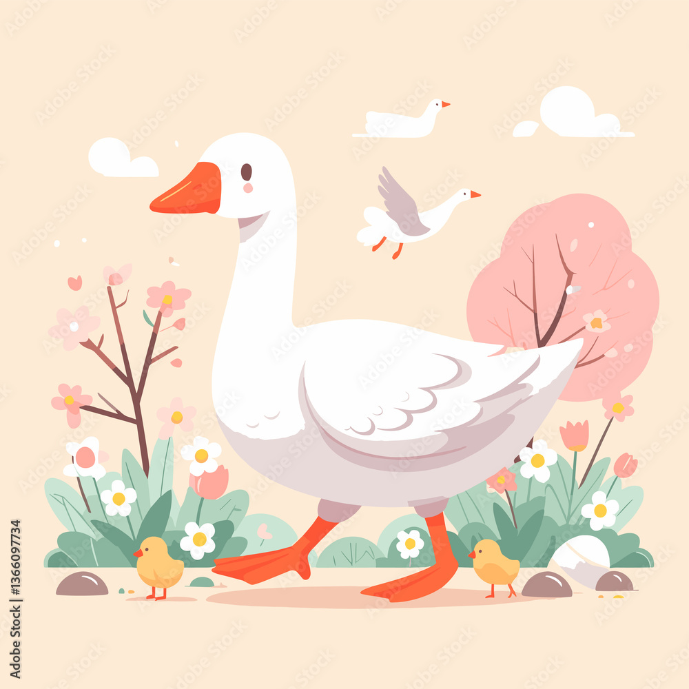 A cartoon duck is walking with two baby ducks in a field A cartoon duck is walking with two baby ducks in a field