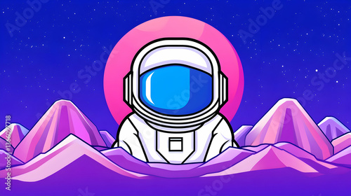 Retro astronaut on alien planet with large pink sun