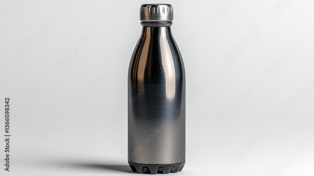 Sleek metallic water bottle on white background; hydration, studio shot Sleek metallic water bottle on white background; hydration, studio shot