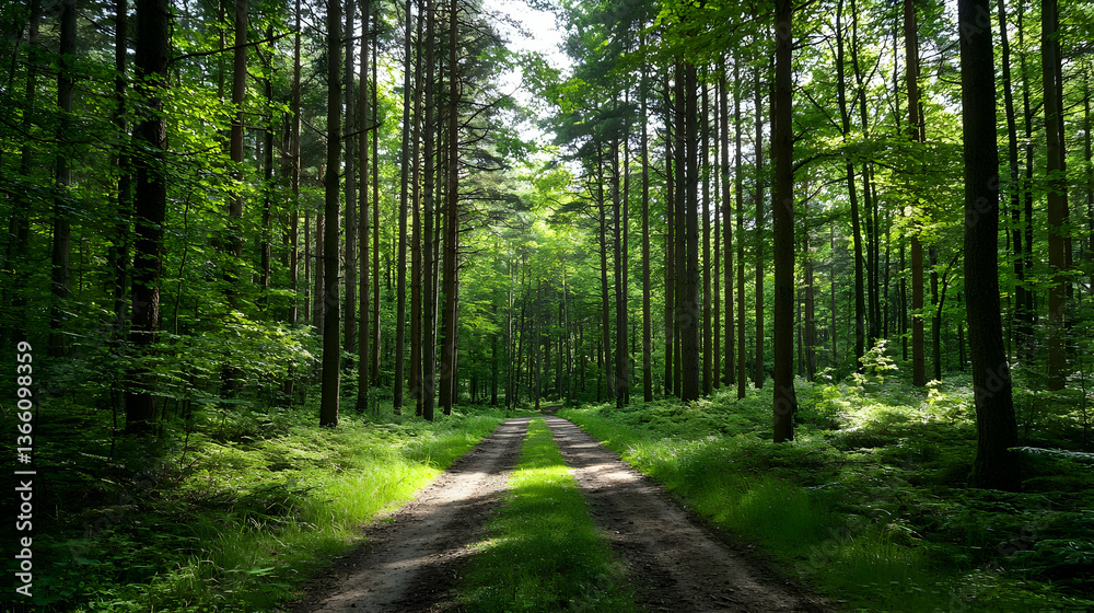 Fototapeta premium Lush Green Forest Path With Sunlight Filtering Through Tall Trees During Daytime Scene