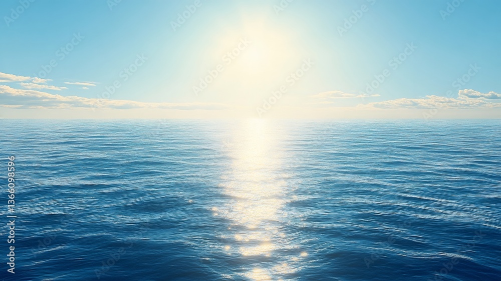 Bright sunlight reflecting on calm blue ocean under cloudy sky Bright sunlight reflecting on calm blue ocean under cloudy sky