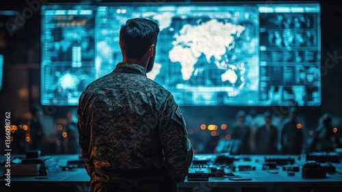 A military strategist briefing the team on tactical plans, with maps, charts, and a large screen displaying military strategy