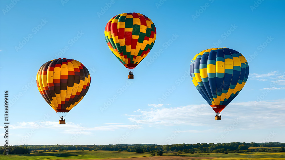 Fototapeta premium Three Colorful Hot Air Balloons Soaring High Against Blue Sky Above Green Landscape