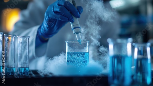 A chemist mixing substances in a beaker, with chemical vapors rising and laboratory glassware in a controlled setting