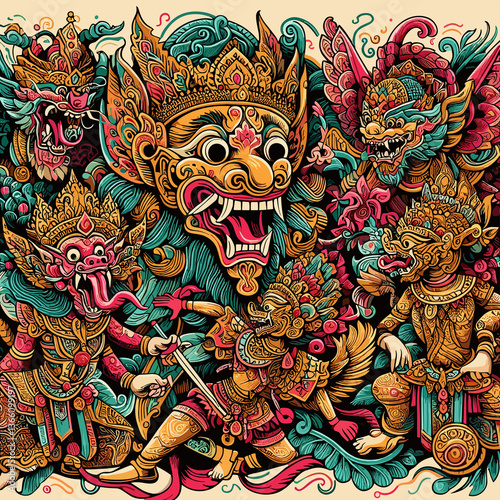 A colorful painting of a group of people with one of them holding a sword