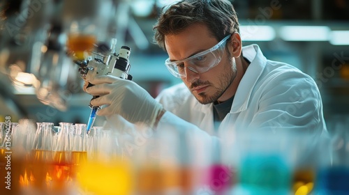 A scientist performing titration in a laboratory, with a burette, flask, and colorful solutions indicating pH levels photo