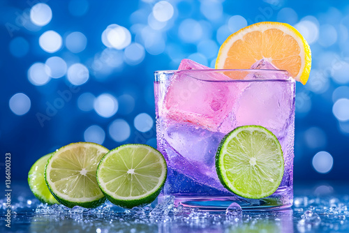 Purple drink with citrus and ice cubes in glass against bokeh background