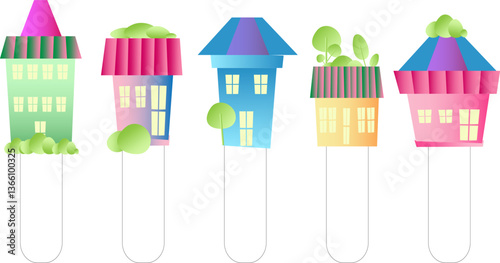 Bookmarks for studying and hobbies with buildings and houses. Cute vintage houses with tiled roofs and windows. Vector.