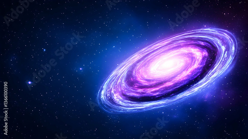 Purple galaxy with bright center and blue background with stars
