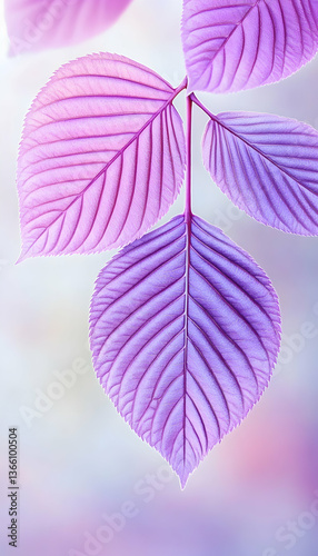 Purple leaves hang gently from a stem, backlit with bright light