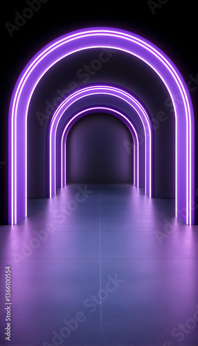 Purple neon arches in a dark hallway