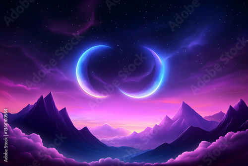 Purple mountain landscape with twin glowing celestial crescents in a dreamy sky