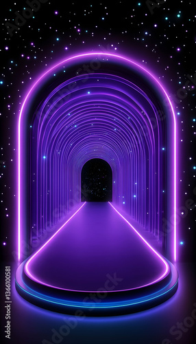 Purple neon archway tunnel with starfield background